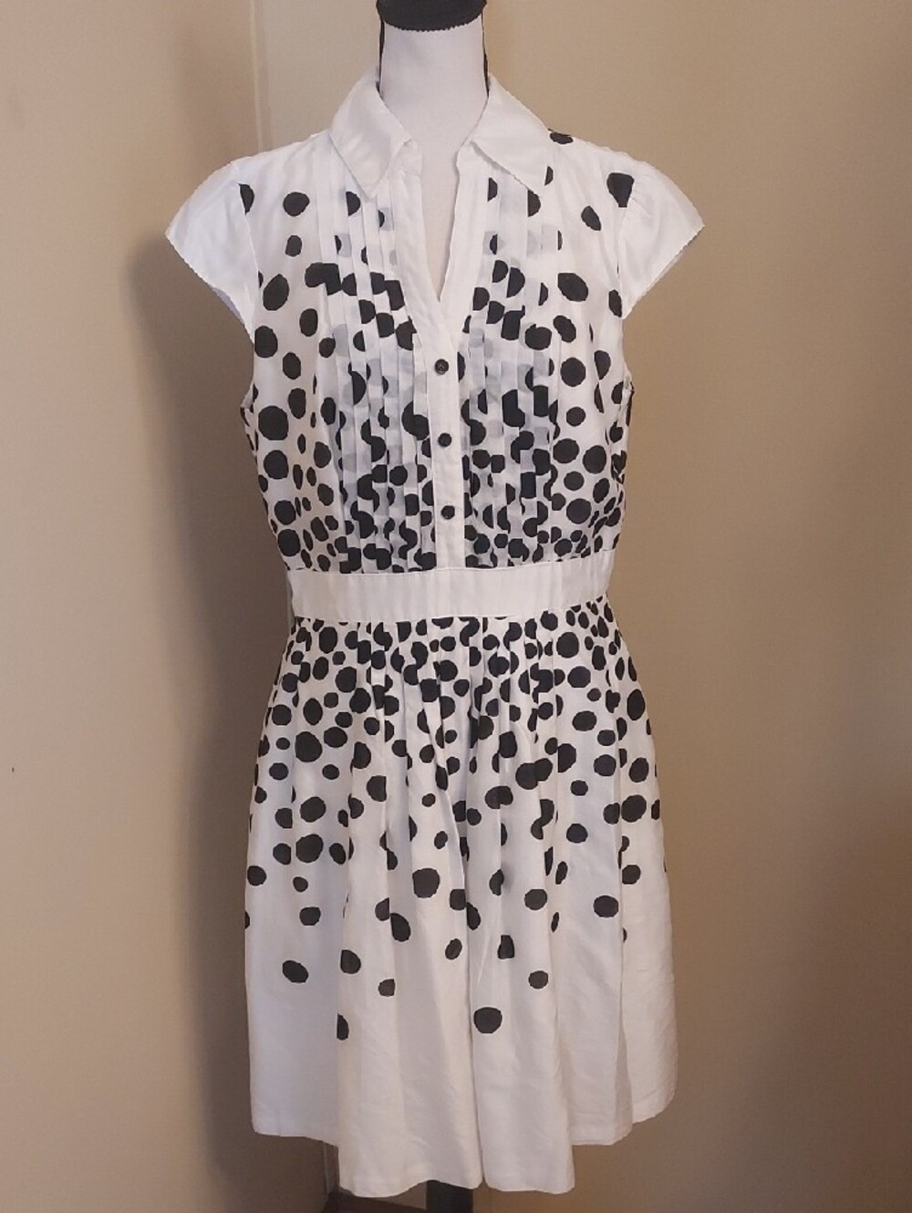 Cap-Sleeve White Dress with Black Dot Print